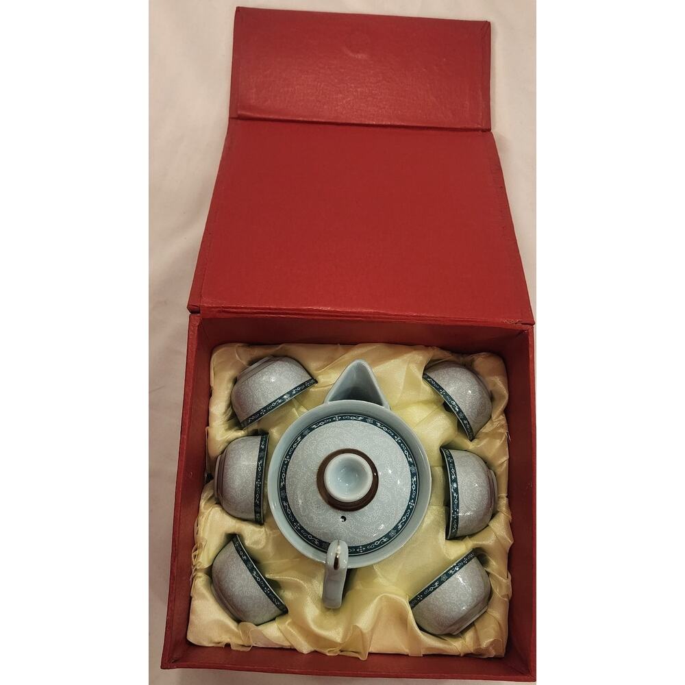 New Small Porcelain Green Tea Set in Gift Box Teapot & 6 Cups